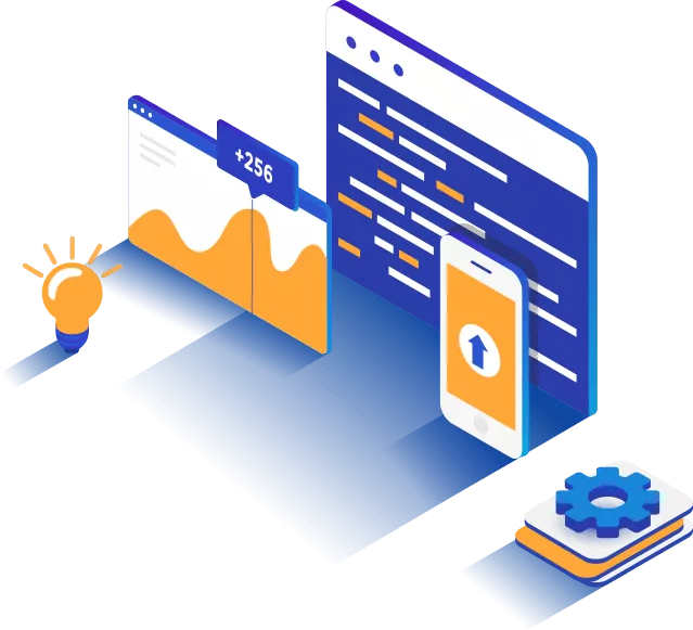 a blue and orange graphic of a phone and computer screens
